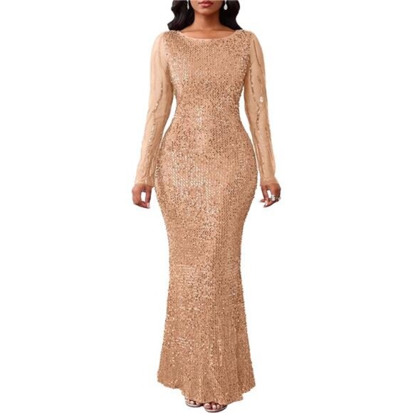 Women's Sequins Round Neck Long Sleeve Maxi Dress Champagne - Picture 1 of 6